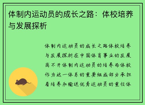 体制内运动员的成长之路：体校培养与发展探析